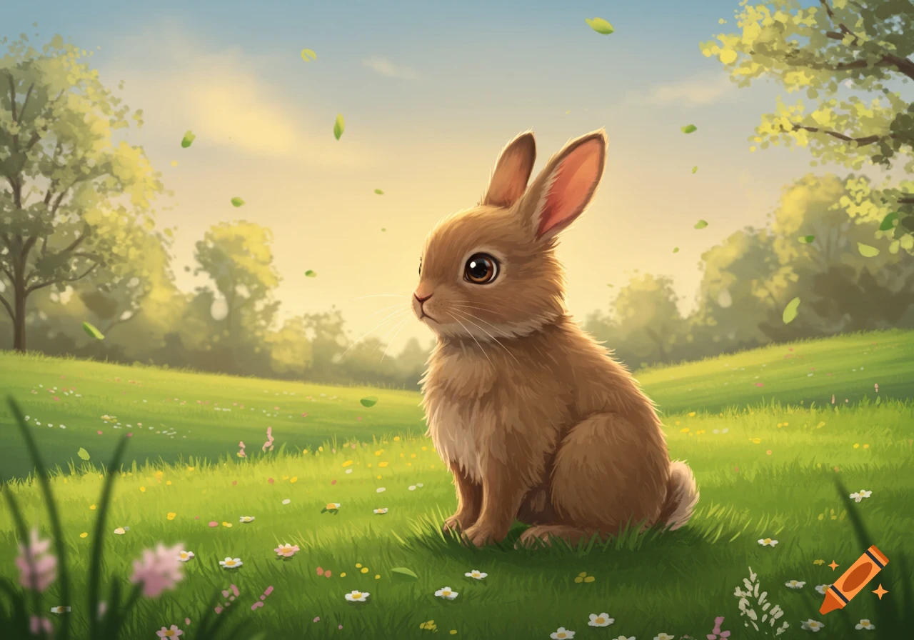 A brown bunny sits in a bright green field dotted with small flowers, under a soft sky with trees and falling leaves.