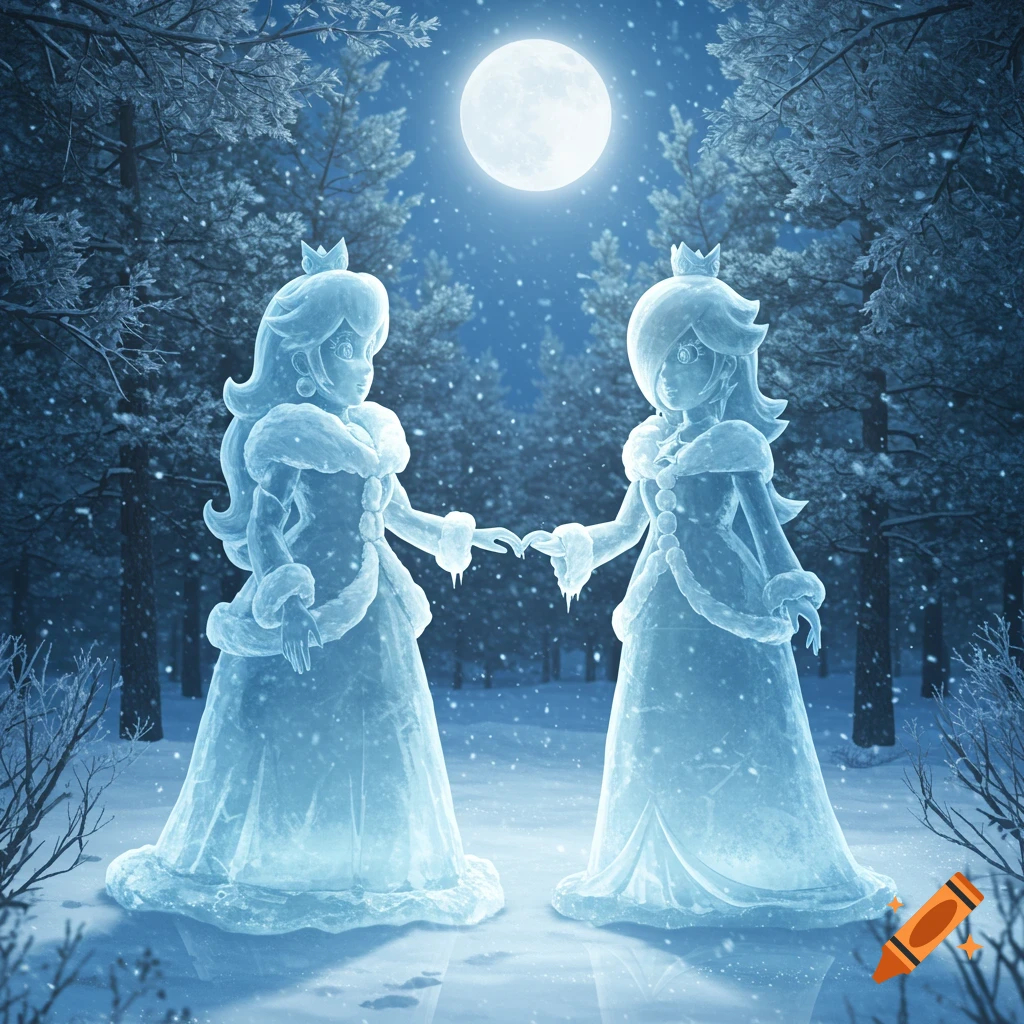 Princess Peach and Rosalina as ice statues, holding hands in a moonlit snowy forest with falling snow.