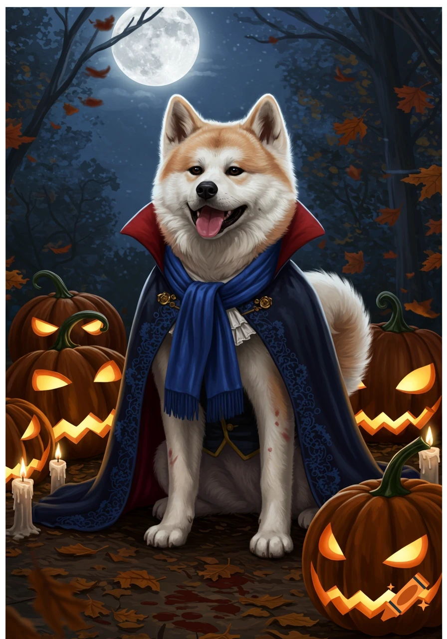 An Akita Inu in a vampire costume with a blue scarf and cape sits among jack-o'-lanterns under a full moon. Digital art.