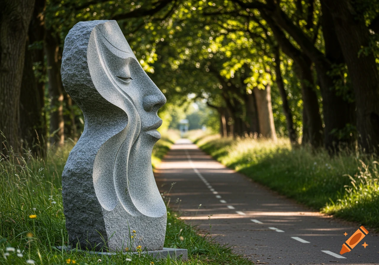 A gray granite abstract sculpture of a face stands next to a tree-lined bicycle path, with dappled sunlight.