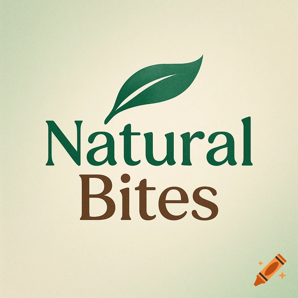 A logo for 'Natural Bites' with a green leaf above the text, on a light textured background.