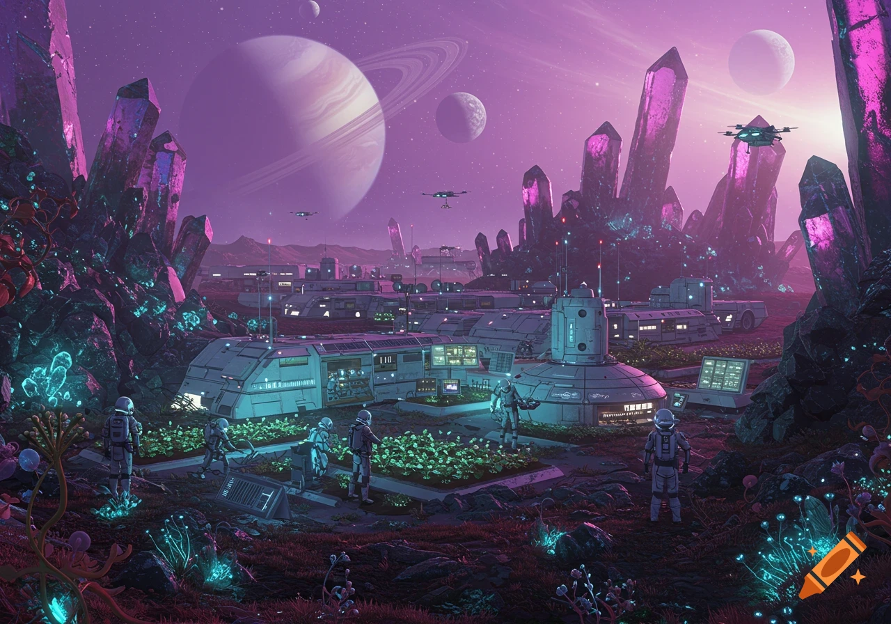A vibrant alien planet with purple skies, large pink crystals, a distant ringed planet, and a futuristic human colony with astronauts.