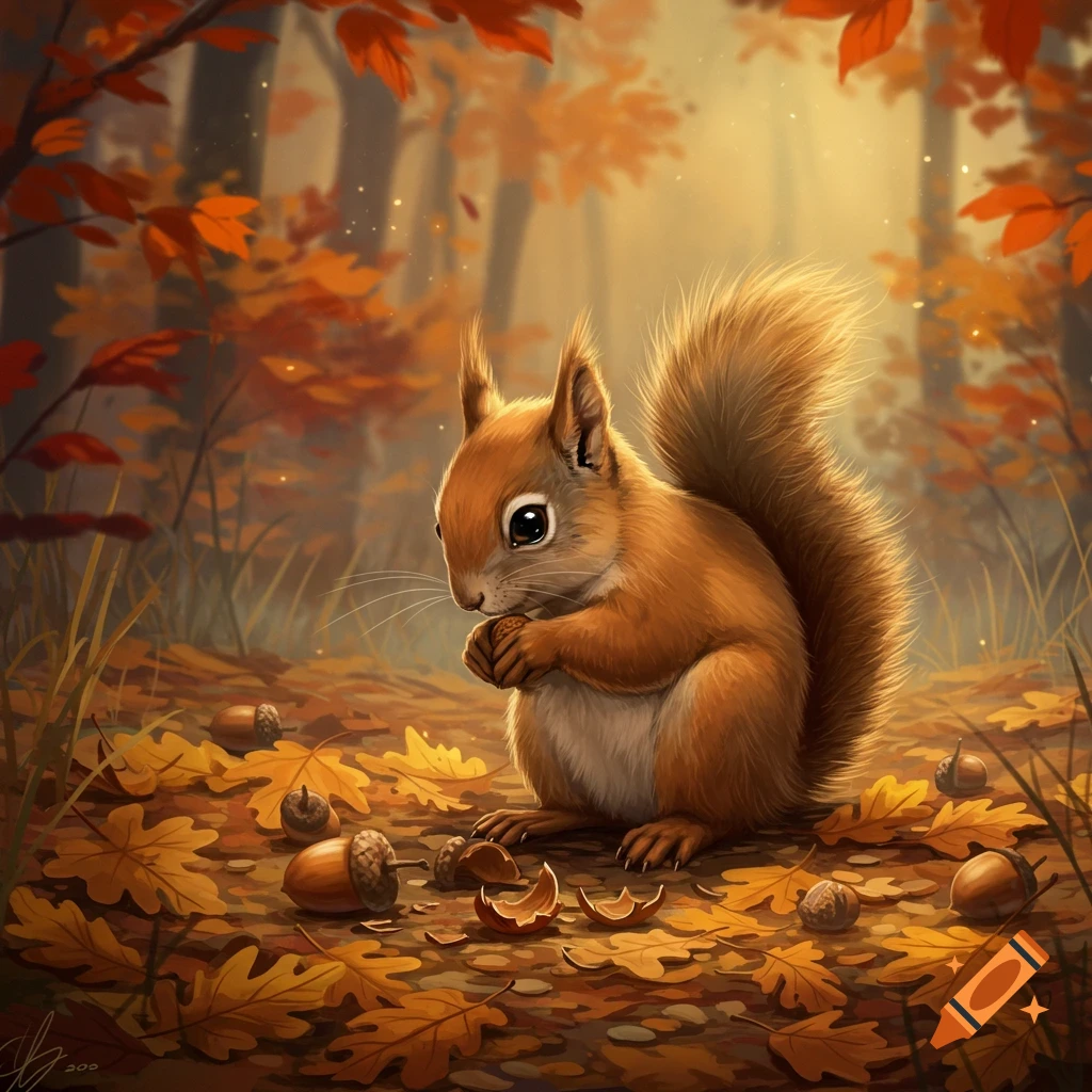 A cute, fluffy squirrel sits among autumn leaves and broken acorns in a warm, glowing forest, digital painting.