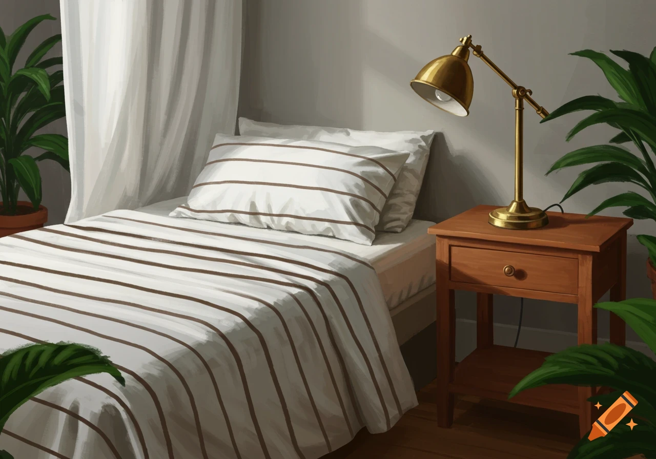 A cozy bedroom with a neatly made bed featuring white sheets with brown stripes, a wooden nightstand, a brass lamp, and green potted plants.