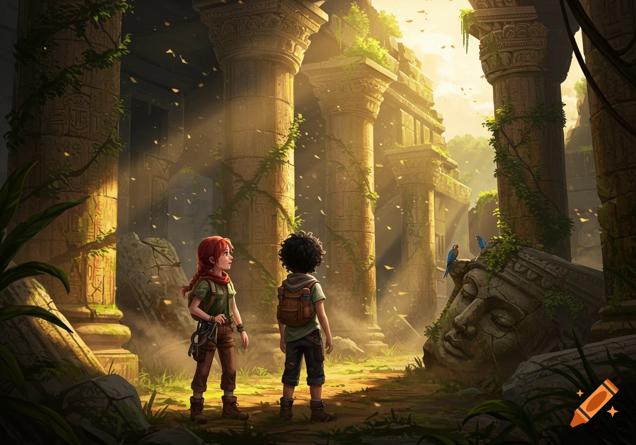 Two young adventurers stand in overgrown, sun-drenched ancient ruins with massive columns, vines, and a fallen statue head. A colorful bird perches on the statue.