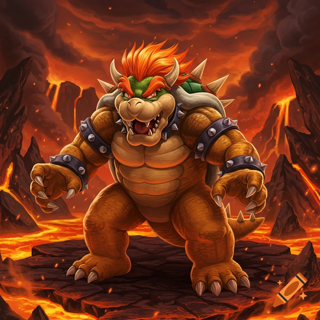 Bowser, a large turtle-like creature with a spiky shell and fiery orange hair, roars in a volcanic landscape with flowing lava.