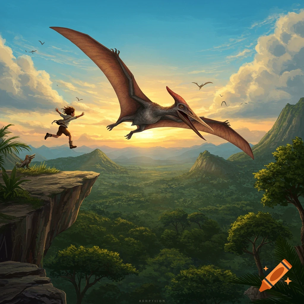 An adventurous child runs from a cliff edge towards a large pterodactyl flying over a lush jungle valley at sunset.