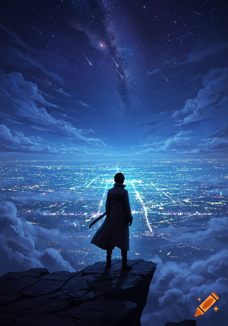 A lone figure stands on a cliff overlooking a sprawling city under a magnificent starry night sky with shooting stars.