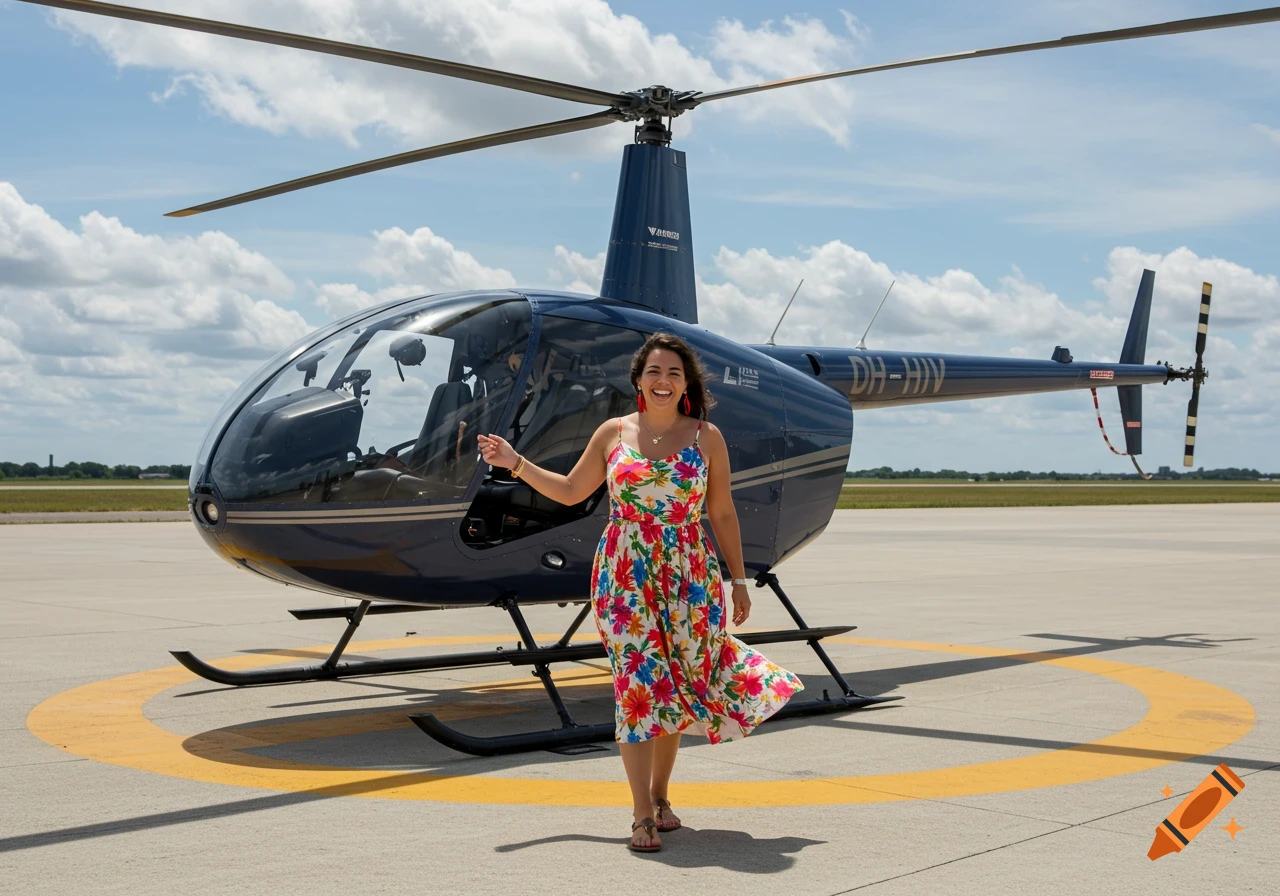 A smiling woman in a colorful floral dress stands on an airport tarmac next to a dark blue helicopter under a partly cloudy sky.
