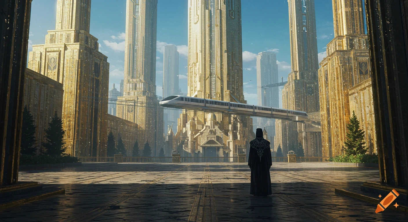 A lone robed figure stands in a grand plaza of a futuristic golden Art Deco city with a maglev train.