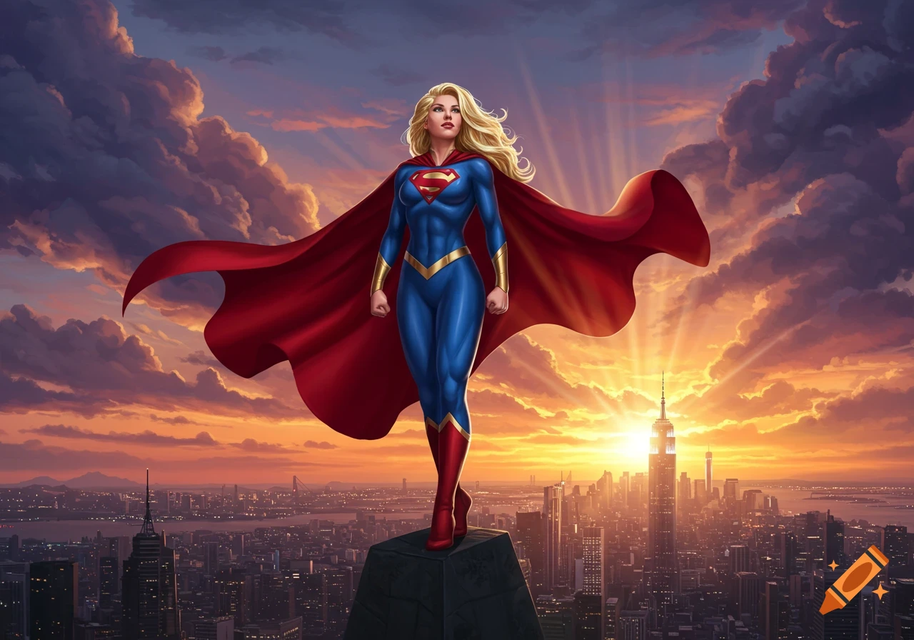 A blonde superheroine in a blue suit with a red cape stands on a building, looking over a city at sunset.