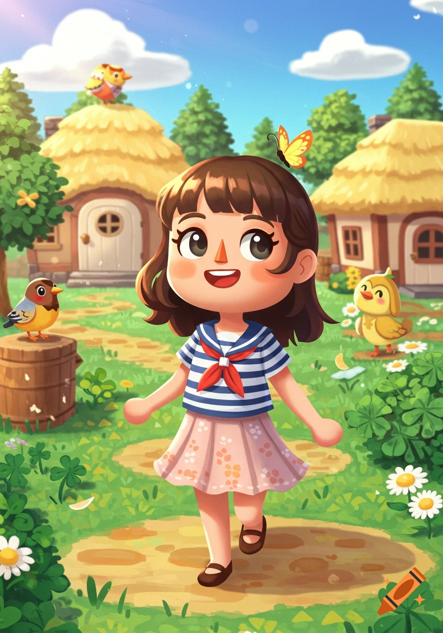 A cute cartoon girl in a sailor top walks through a vibrant green village with birds, butterflies, and thatched-roof houses.