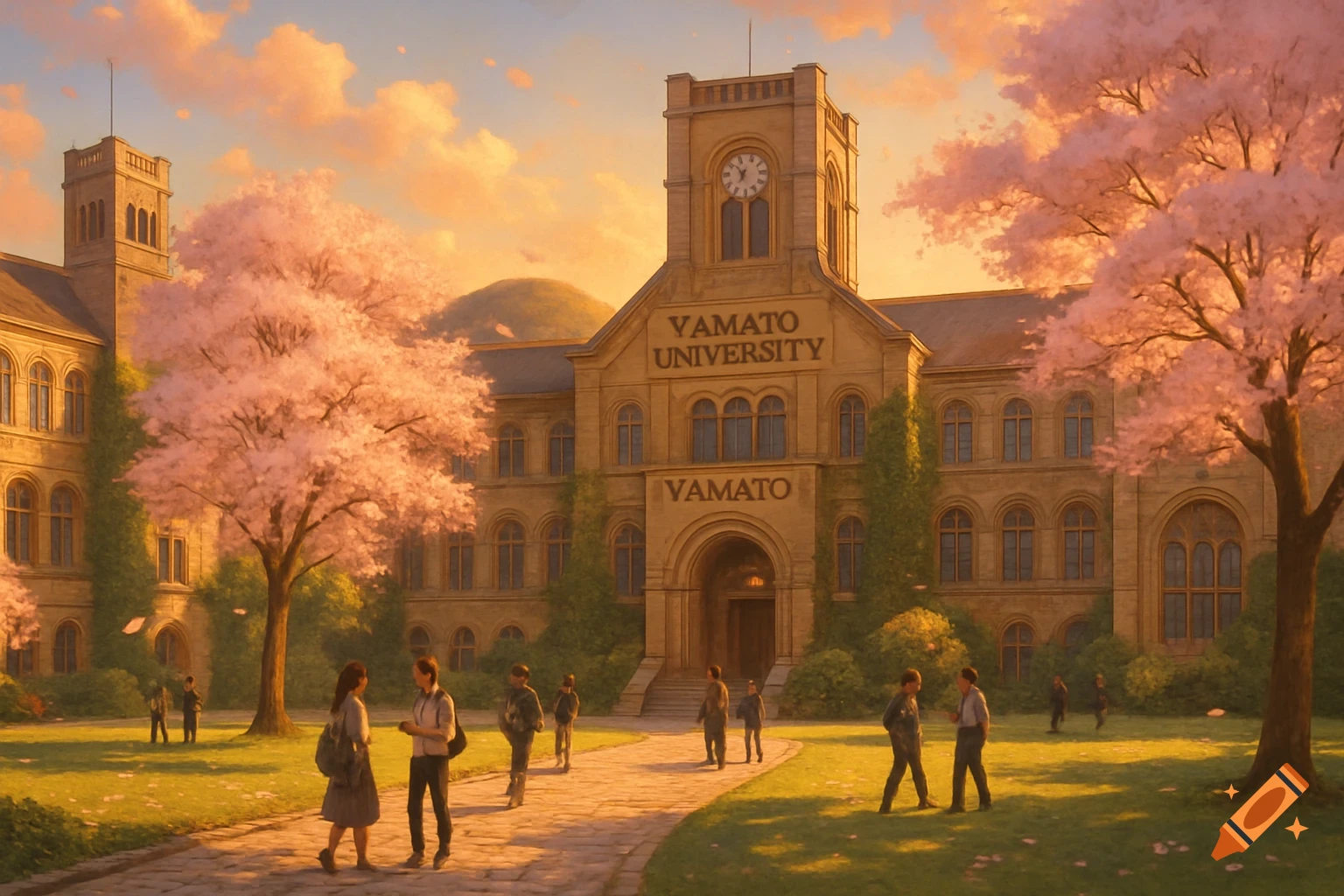 A grand university building with a clock tower, surrounded by pink cherry blossom trees and students, bathed in golden sunset light.
