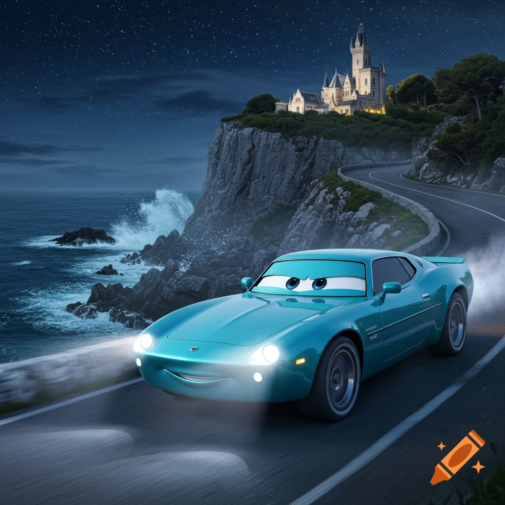 A turquoise animated car drives on a winding coastal road at night with a distant castle on a cliff and waves crashing.
