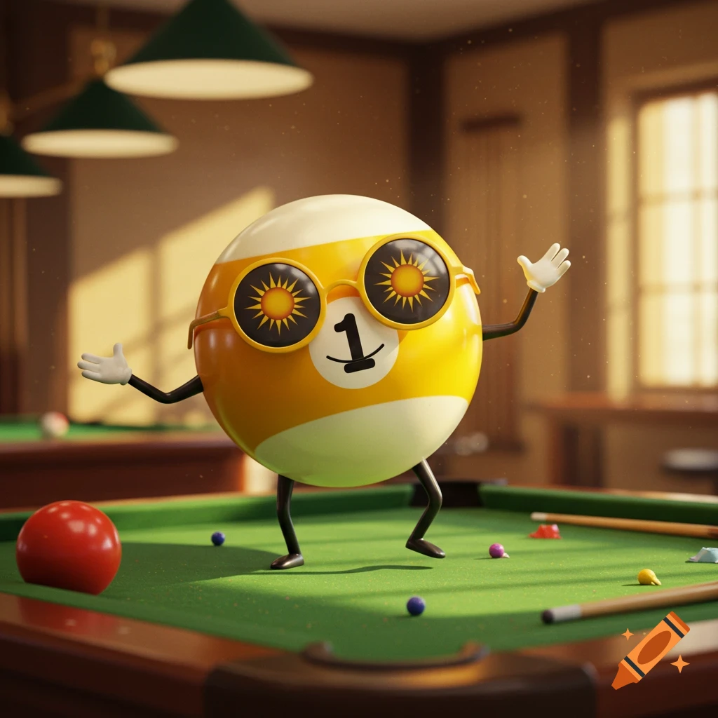 A happy yellow number 1 pool ball character with sunglasses, arms, and legs, stands on a green billiards table.