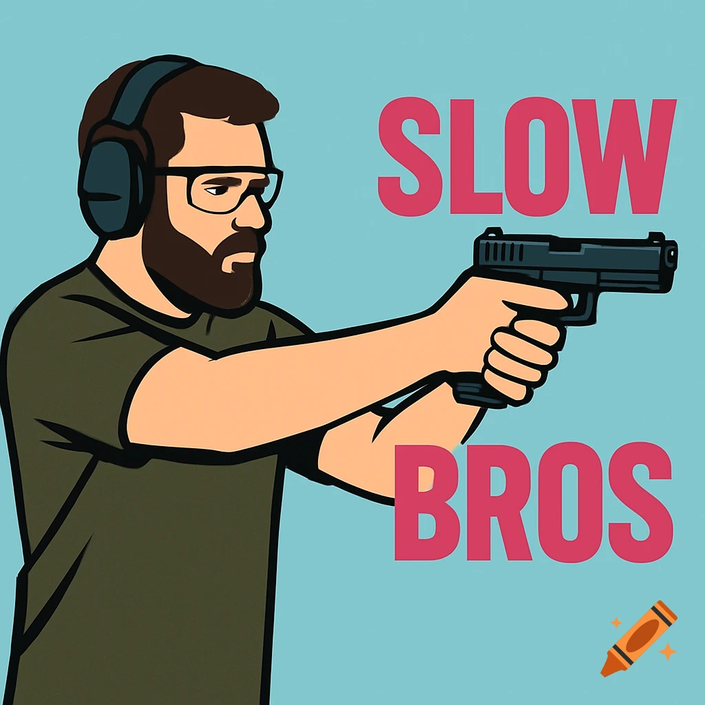 Cartoon illustration of a bearded man with glasses and hearing protection aiming a pistol, with pink text 'SLOW BROS' on a baby blue background.