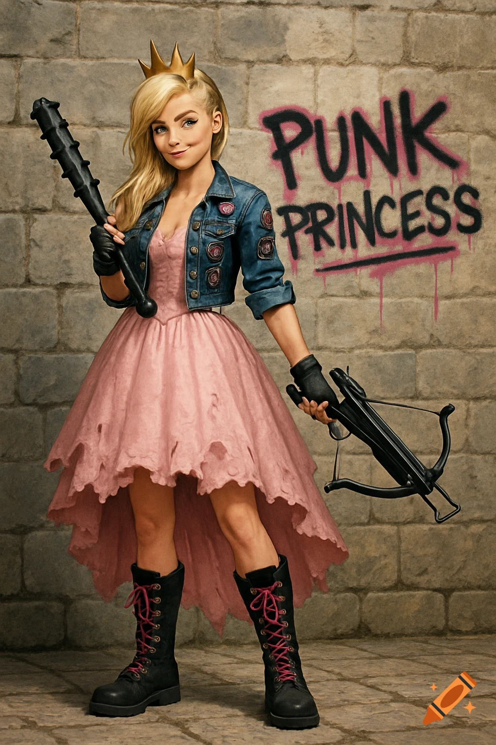 A blonde punk princess in a ripped pink gown, denim jacket, and combat boots holds a tetsubo and crossbow against a graffiti-covered brick wall.