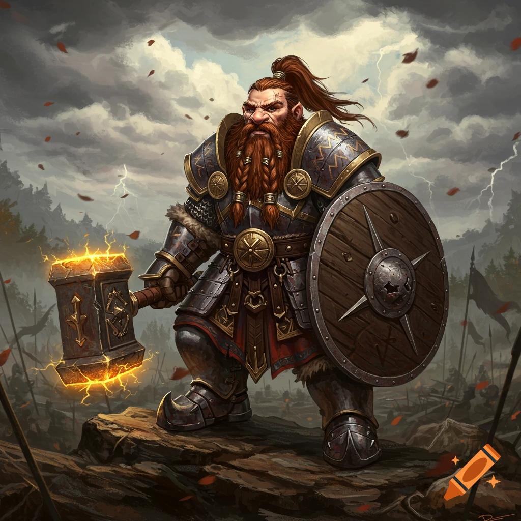A powerful dwarf warrior in ornate armor, holding a glowing hammer and shield, stands on a rock on a stormy battlefield.