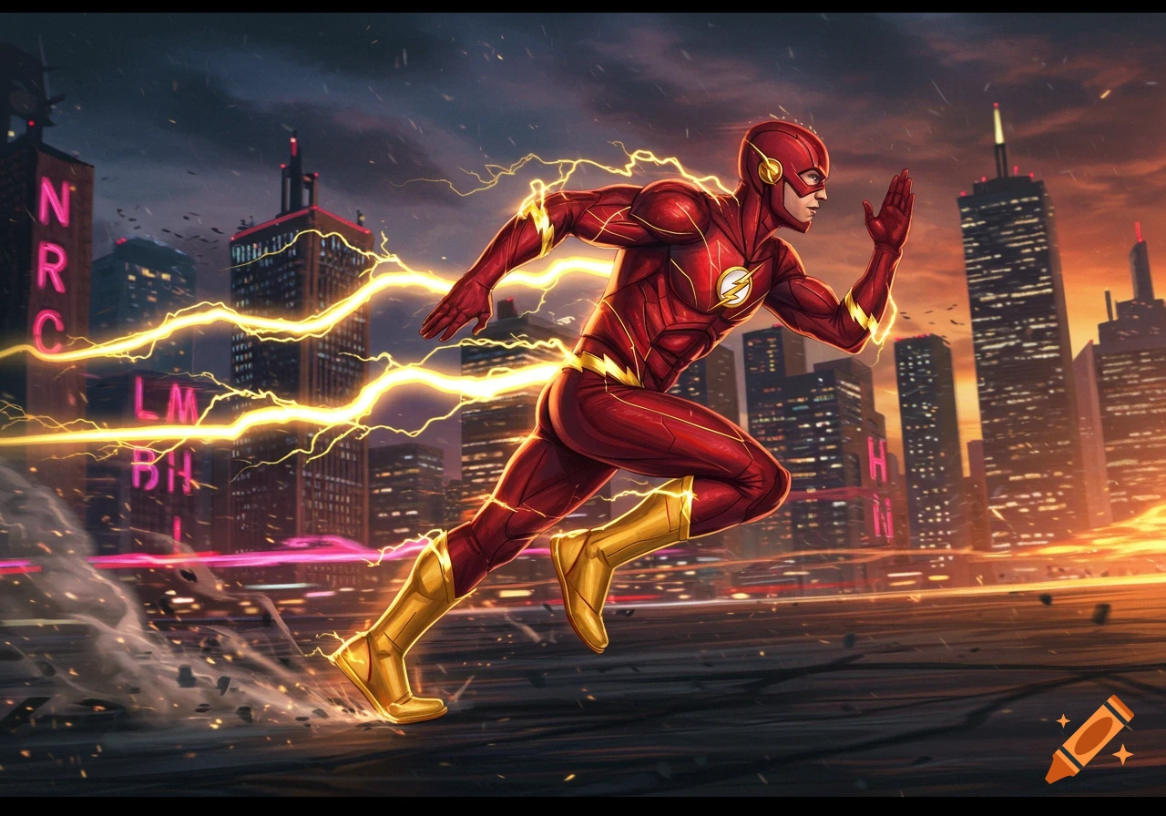 The Flash speeds through a dark city at night, leaving streaks of yellow lightning and motion blur. Comic art style.