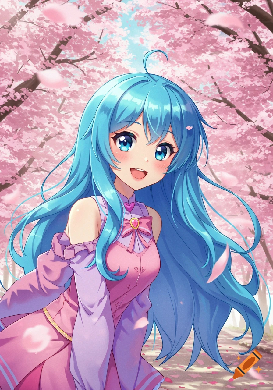 An anime girl with long blue hair and a pink dress smiles brightly in a vibrant cherry blossom forest.