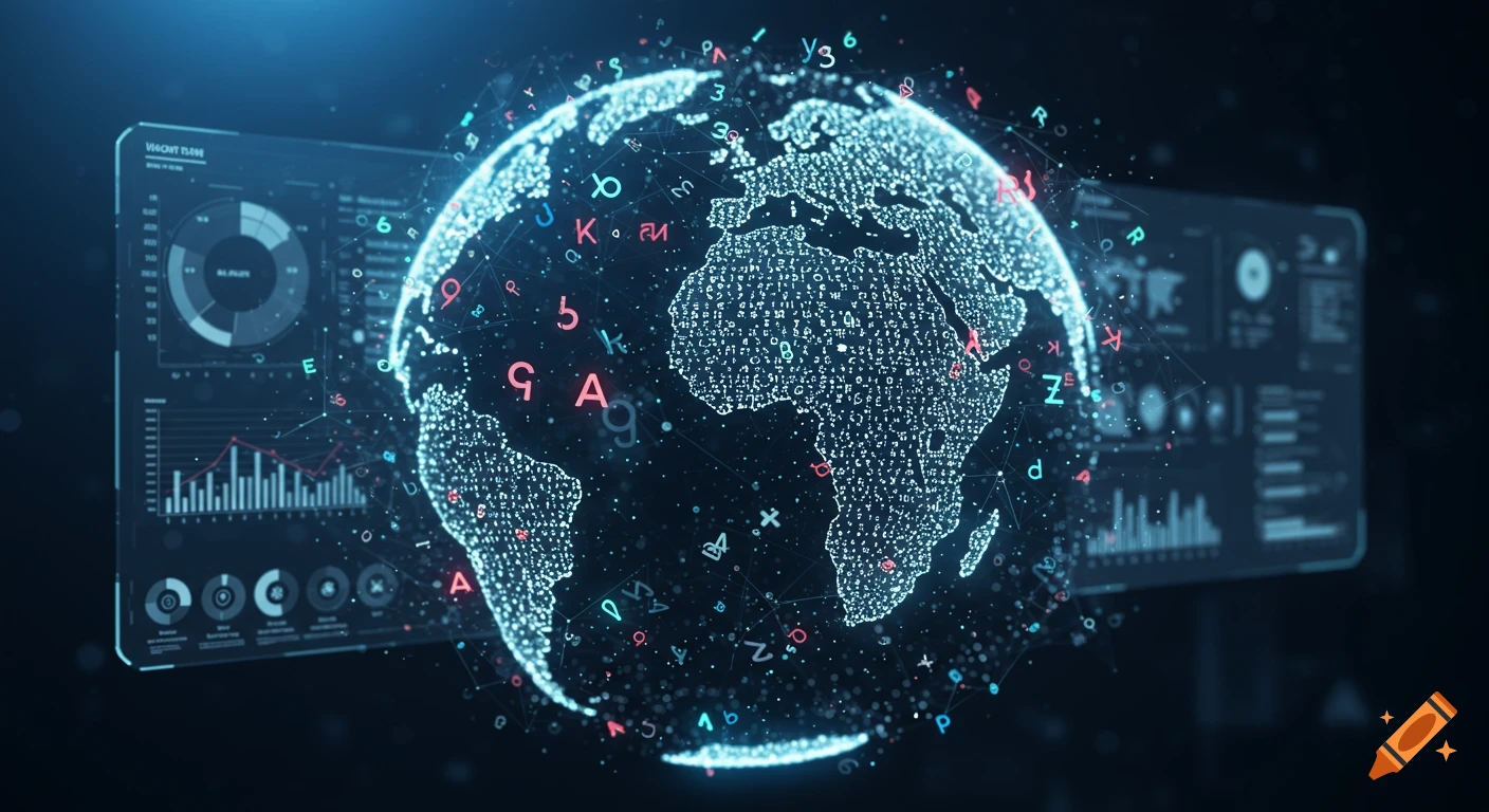 A glowing digital globe with a network of data points and scattered letters and numbers, in front of a blue holographic interface displaying charts and graphs.