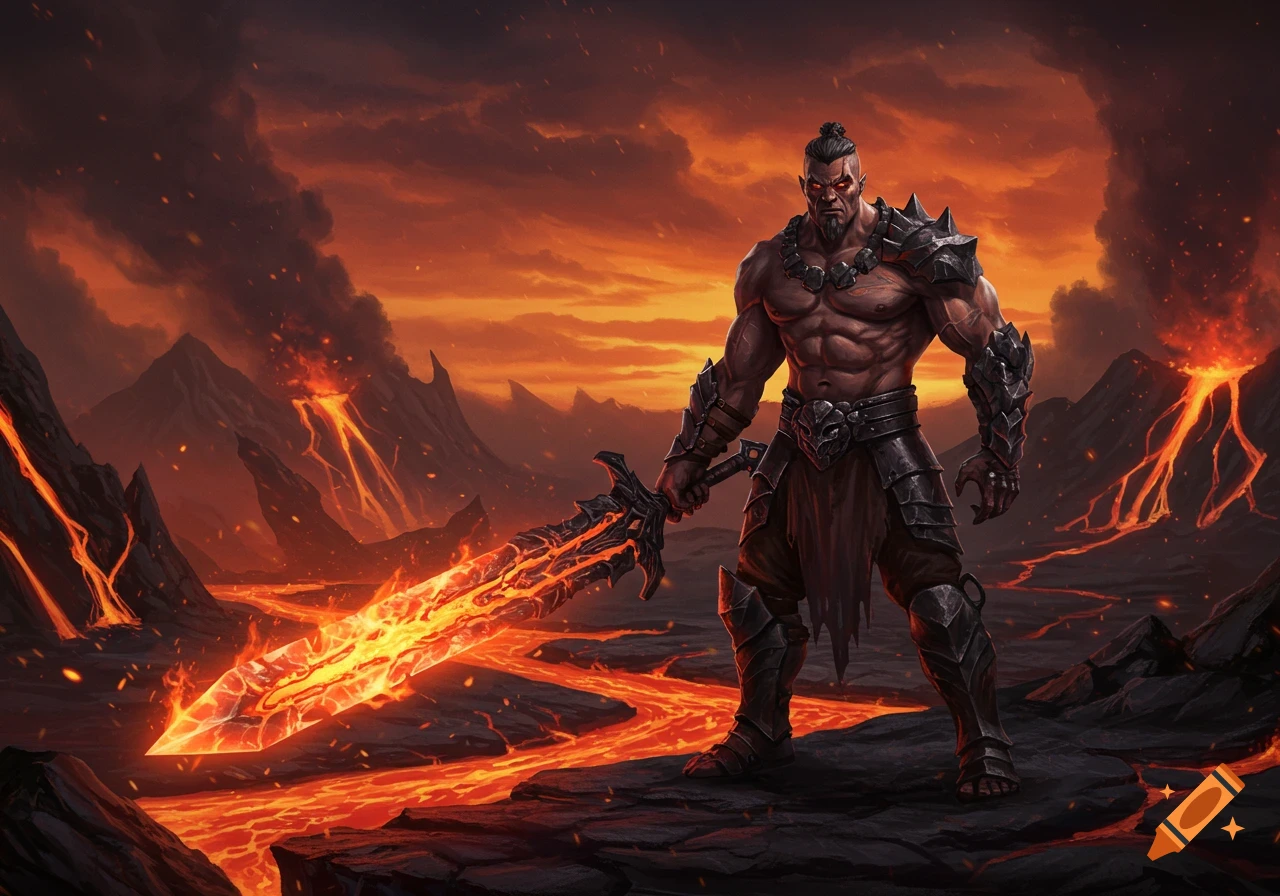A muscular warrior with a glowing lava sword stands defiantly in a fiery volcanic landscape, digital fantasy art.