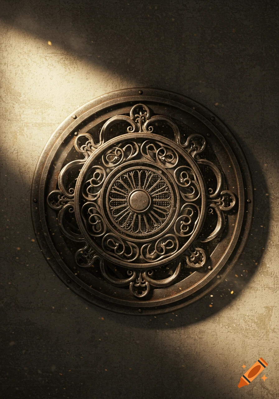 Ornate metallic grille with intricate filigree patterns against a textured wall, spotlighted from above.