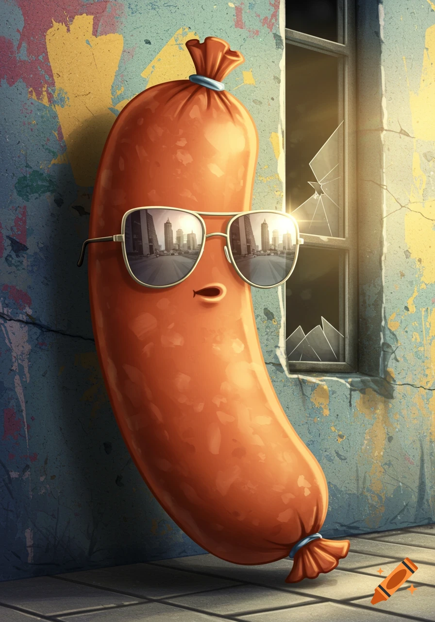 A stylized cartoon sausage with cool sunglasses reflects a city skyline, leaning against a graffiti-covered wall next to a broken window.