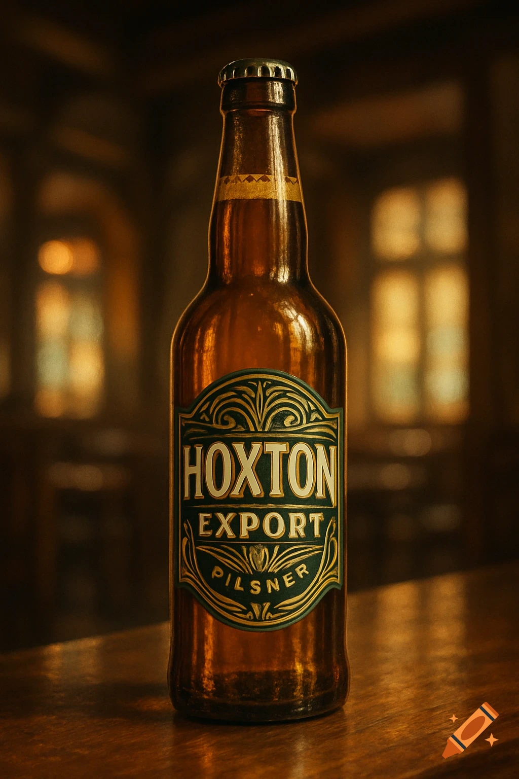 A close-up of a Hoxton Export Pilsner beer bottle with a dark green and gold label on a wooden bar in a dimly lit setting.