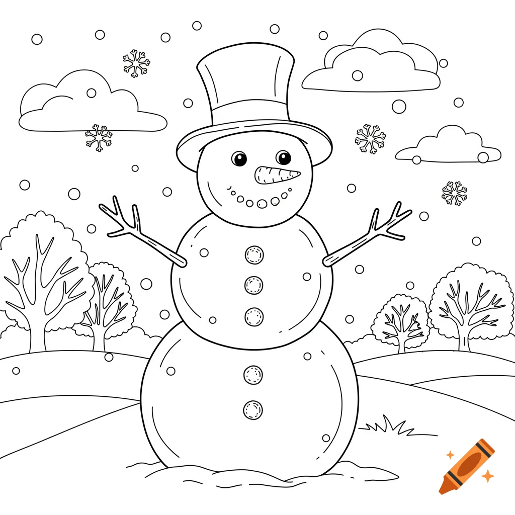 Black and white coloring page of a cheerful snowman wearing a top hat, standing in a snowy landscape with trees and clouds.