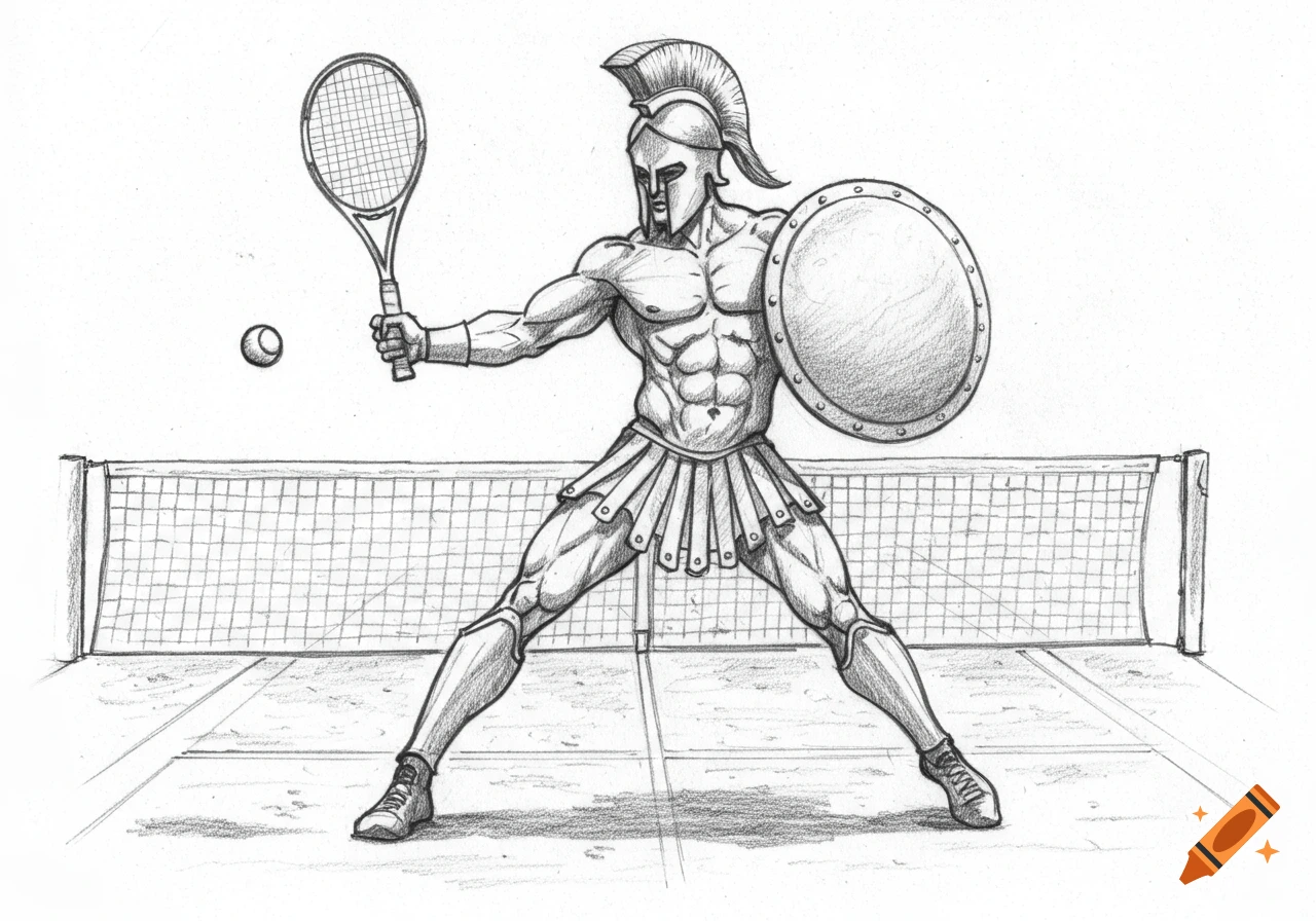A muscular Spartan warrior in helmet and skirt holds a tennis racket and shield on a tennis court in a pencil sketch.