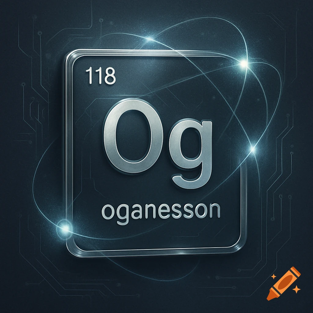 Metallic Oganesson (Og 118) periodic table element square with glowing light trails and circuit board background.