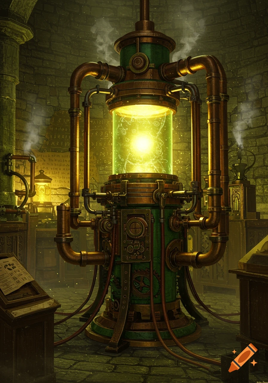 A glowing green steampunk vivifier machine with copper pipes and gears in a dark, stone fantasy laboratory.