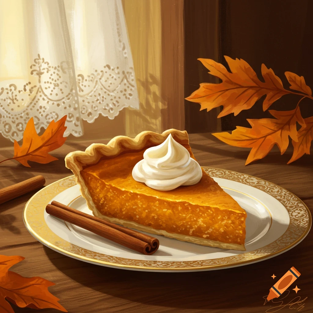 A vibrant illustration of a slice of pumpkin pie with whipped cream and cinnamon sticks on a decorative plate, surrounded by autumn leaves.