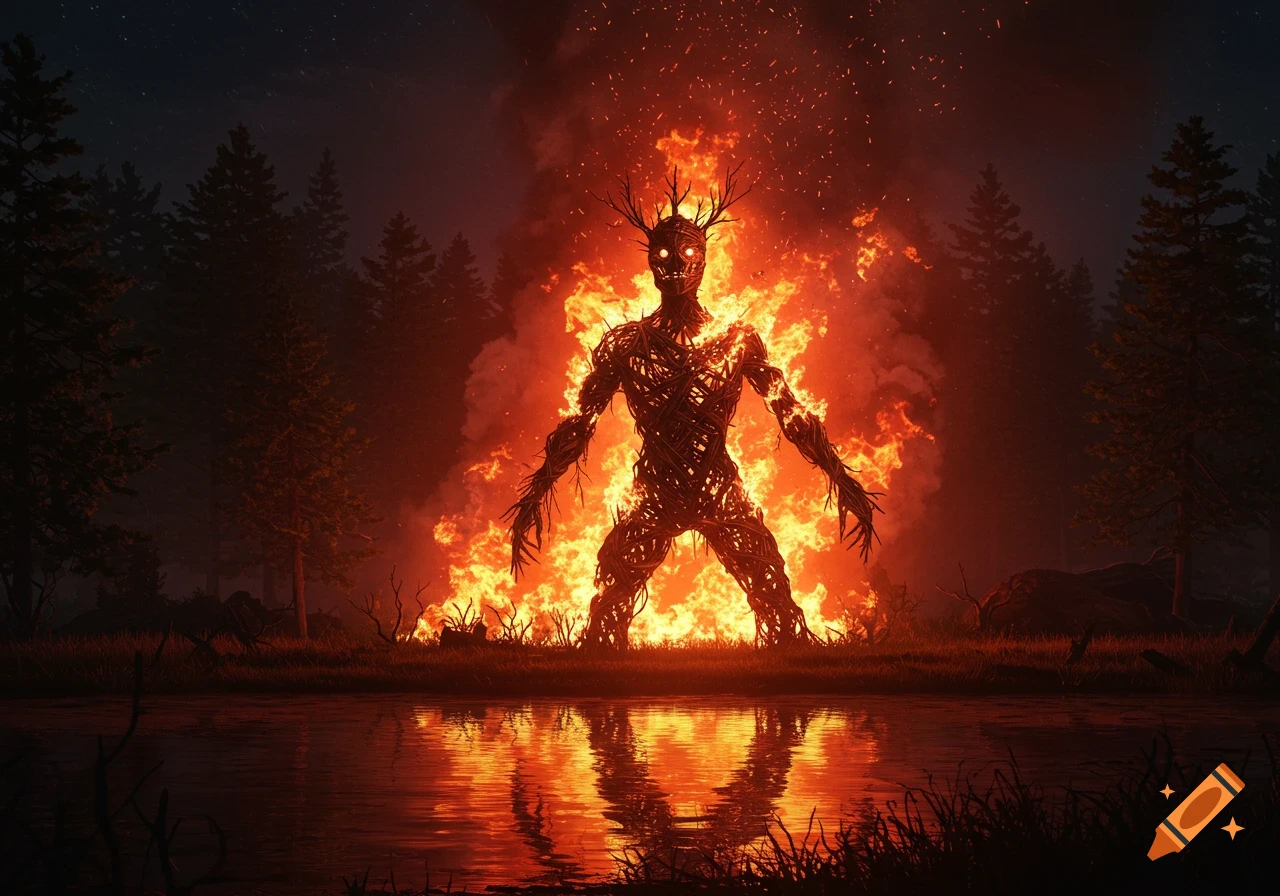 A large, burning wickerman figure with glowing eyes stands in a dark forest, reflected in a body of water at night.