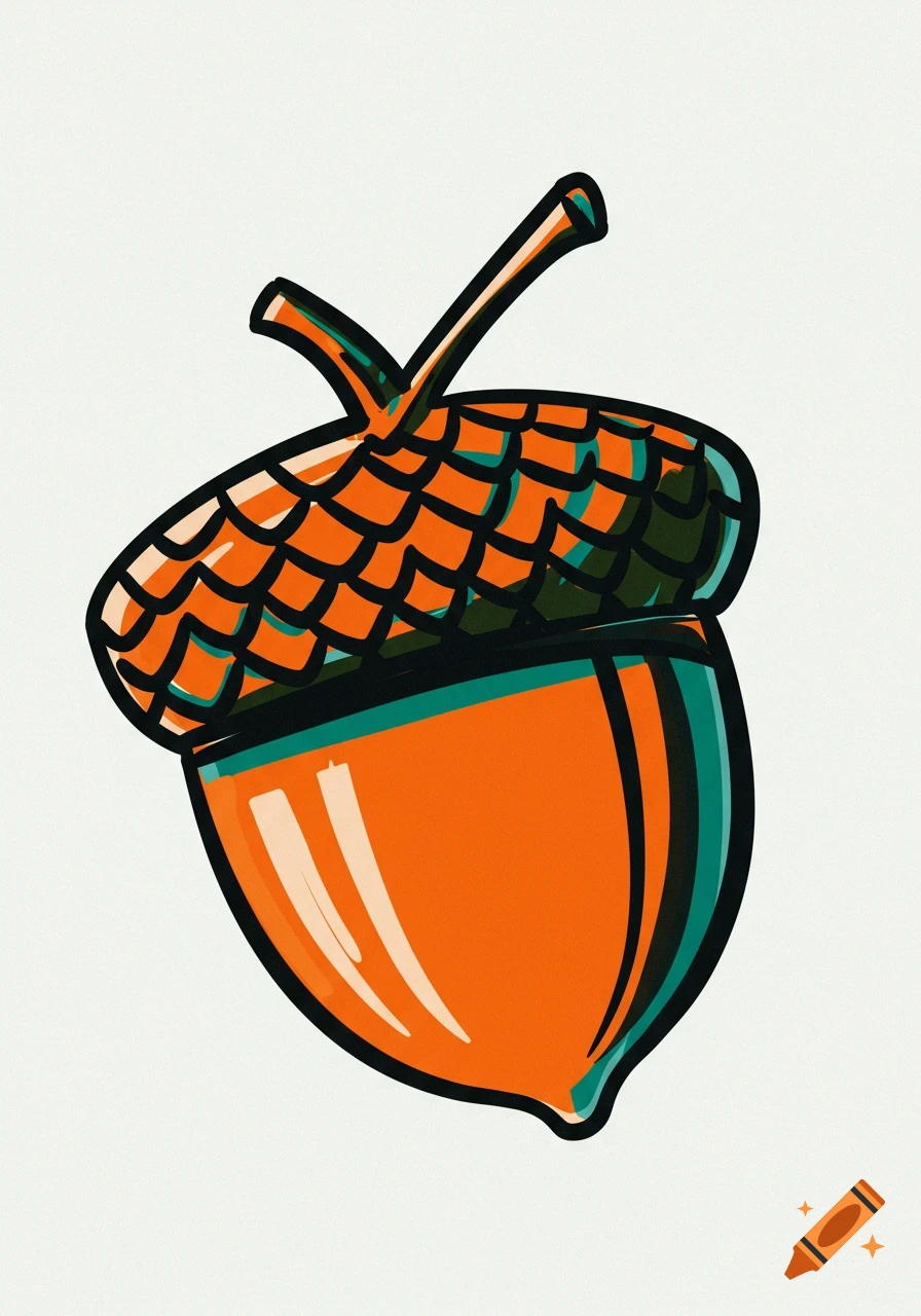 Abstract illustration of an orange and green acorn with bold black outlines on a white background.