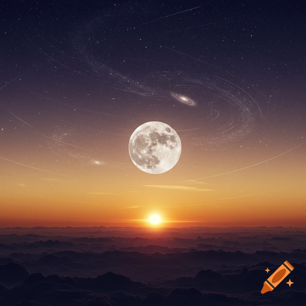 A vibrant celestial scene showing a full moon and a setting sun above dark clouds, against a starry, purple-orange sky with galaxies.