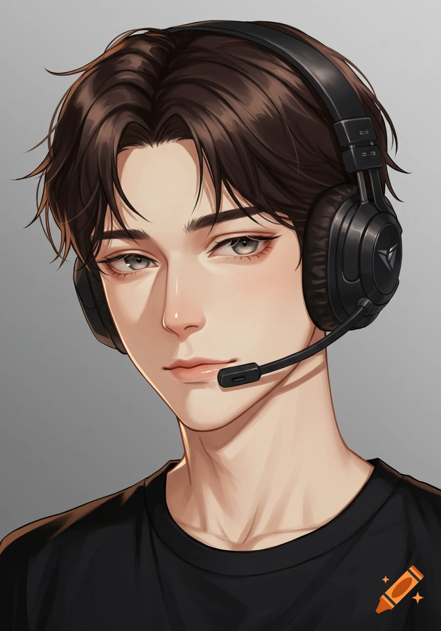 An anime-style portrait of a young man with dark brown hair, wearing a black gaming headset with a microphone, against a gray background.