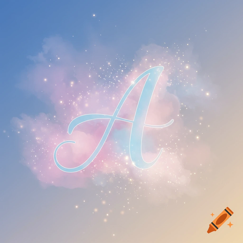 A large, light blue, stylized letter 'A' emerges from a pastel pink and purple cloud with sparkling effects, against a soft blue and orange gradient sky.