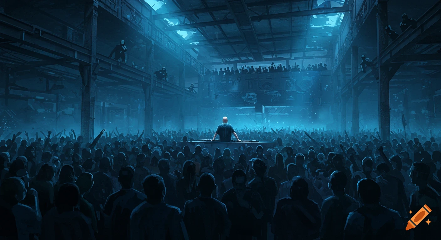 A DJ performs to a large crowd bathed in deep blue light at a gritty, energetic underground music event in an industrial warehouse.