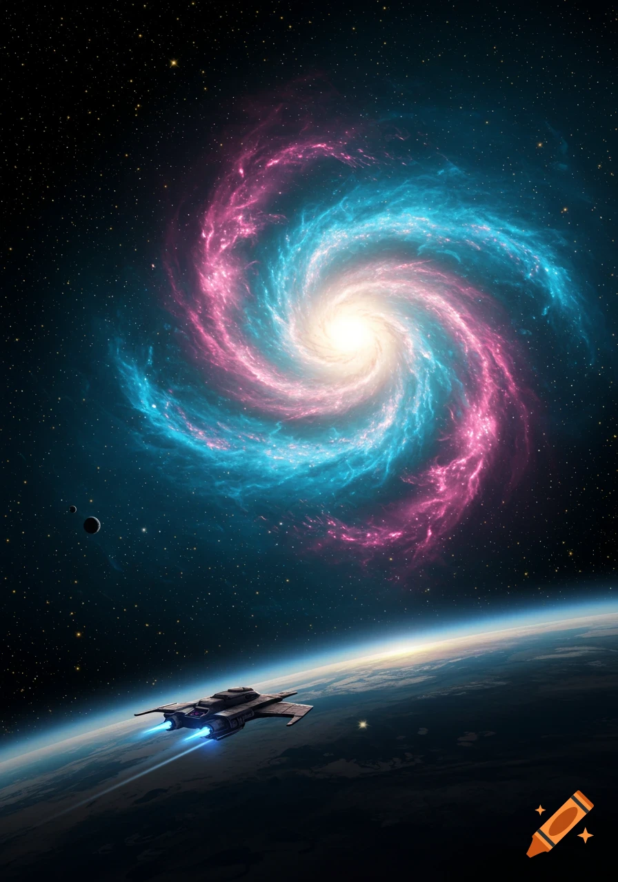 A spaceship flies above a planet's atmosphere with a vibrant pink and blue spiral galaxy in the starry background.