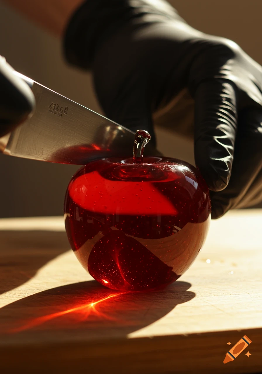 Close-up of a hand in a black glove cutting a red glass apple on a wooden board, with sparkling light reflections.