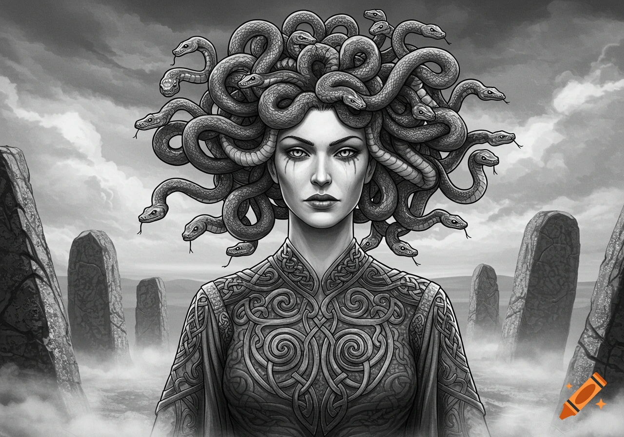 Black and white illustration of Medusa with snakes for hair, wearing a patterned gown, standing in a misty landscape with ancient standing stones.