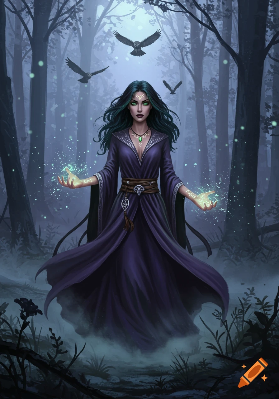 A dark-haired witch in a purple robe casts a spell in a misty forest, surrounded by glowing particles and three dark birds flying above.