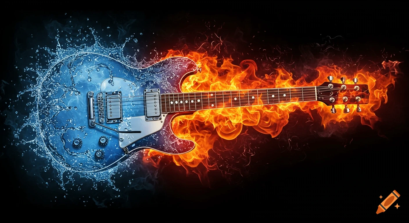 An electric guitar, half engulfed in blue splashing water and half in orange flames, on a black background.