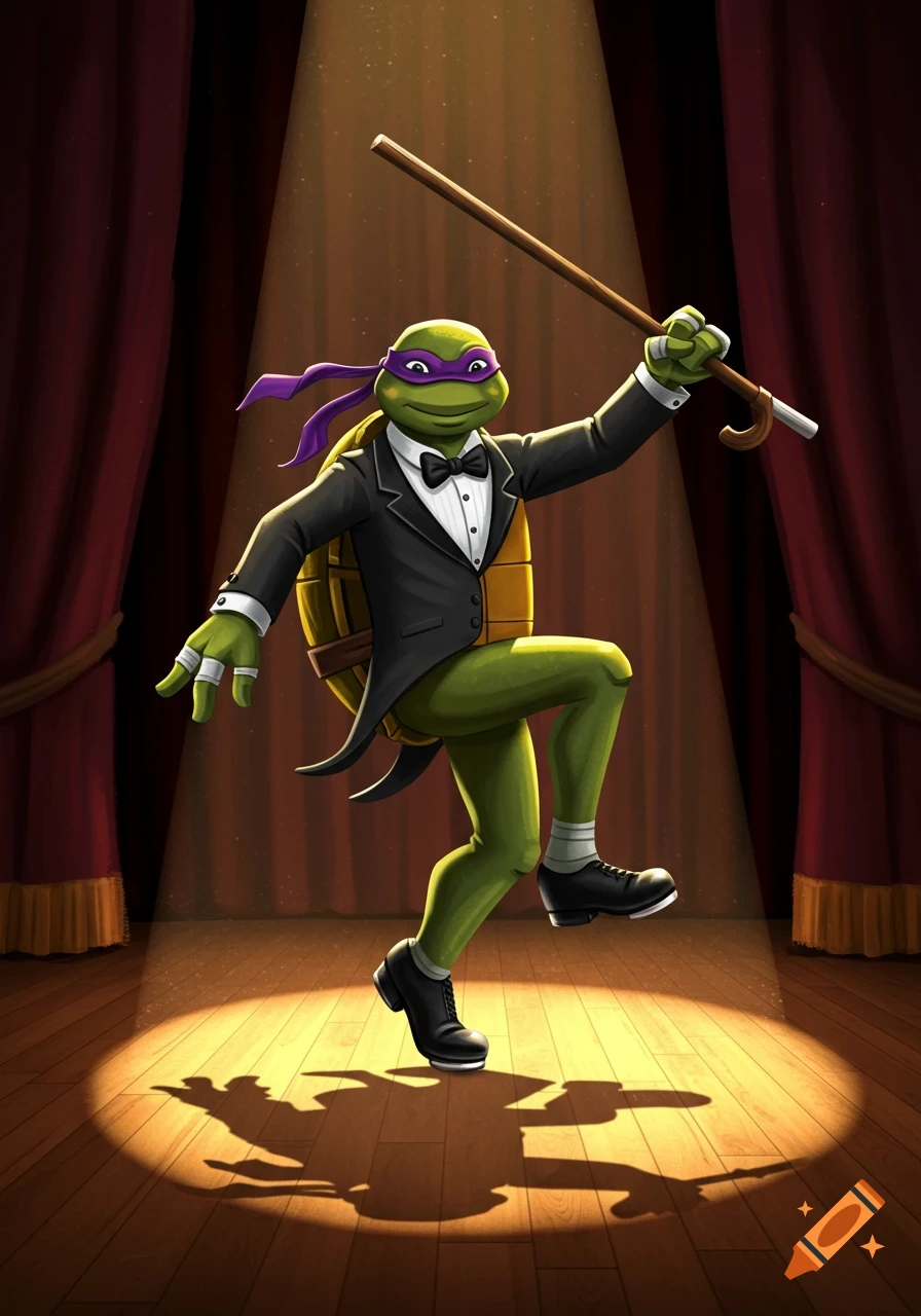 Donatello from TMNT tap dancing in a tuxedo with a cane on a stage under a spotlight.