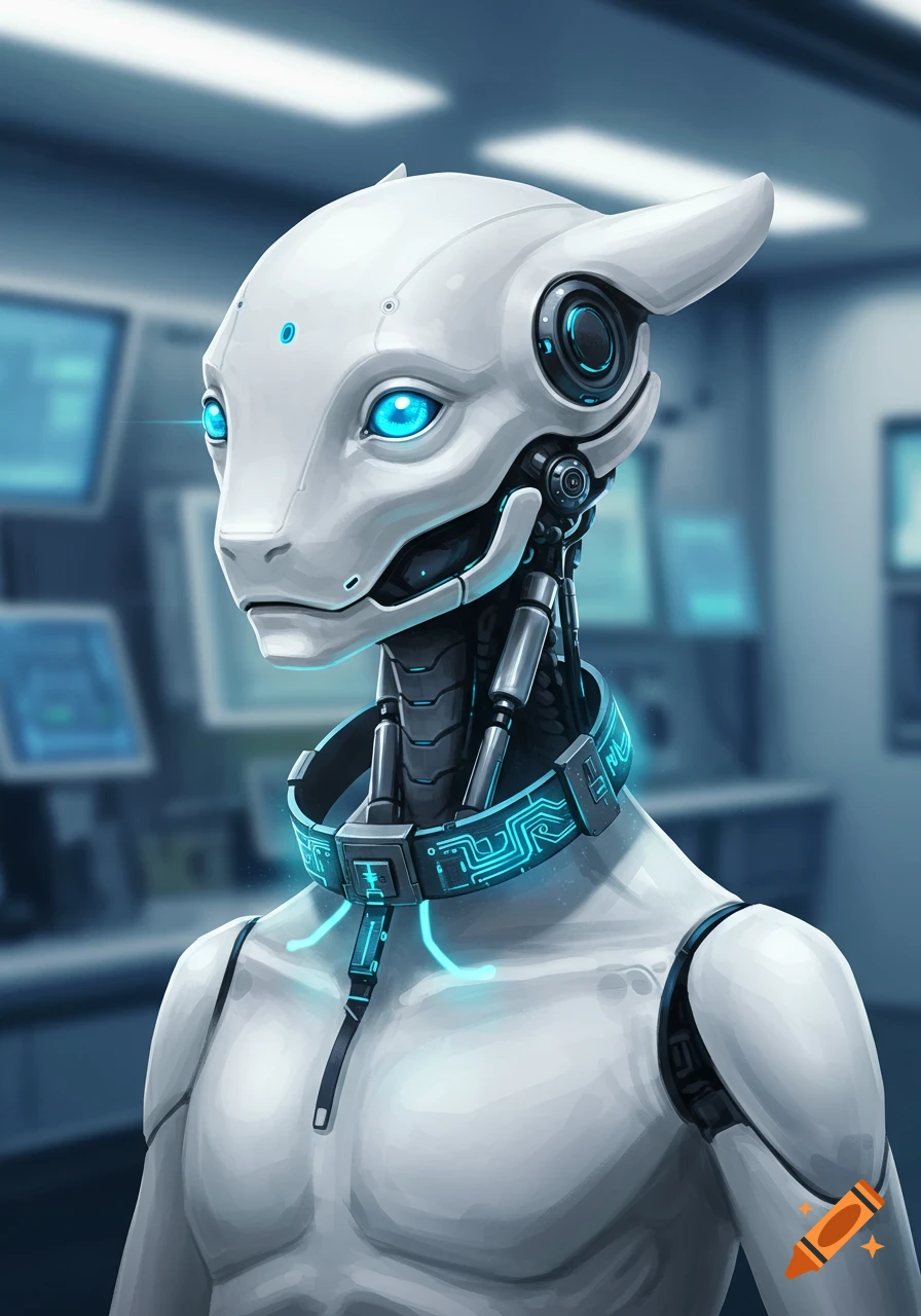 A detailed digital art portrait of a futuristic white anthropomorphic robot with glowing blue eyes and an electronic collar, in a blurred lab.