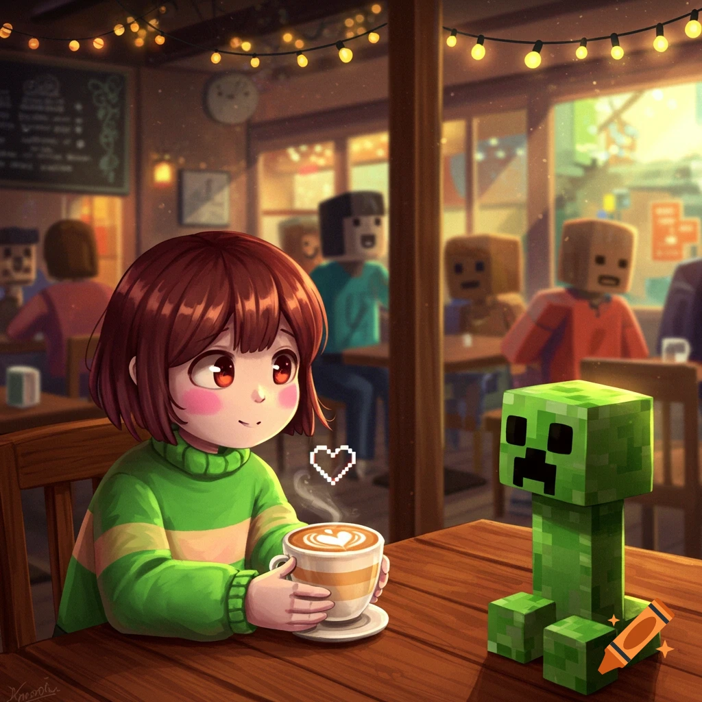 Anime-style Chara from Undertale drinks a latte with a Minecraft Creeper across the table in a cozy cafe.