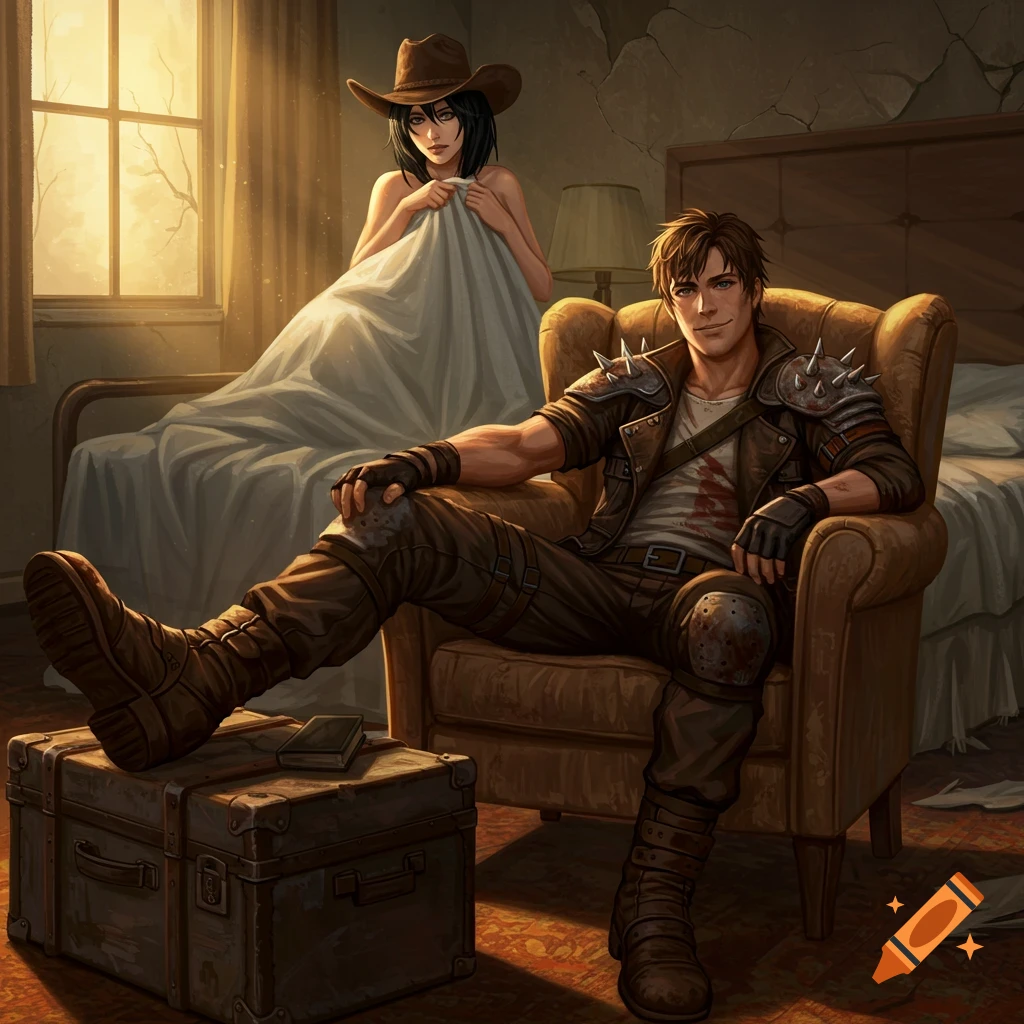 Digital art: A man in post-apocalyptic raider gear sits in a chair; a woman in a cowboy hat covers herself in a bed behind him.