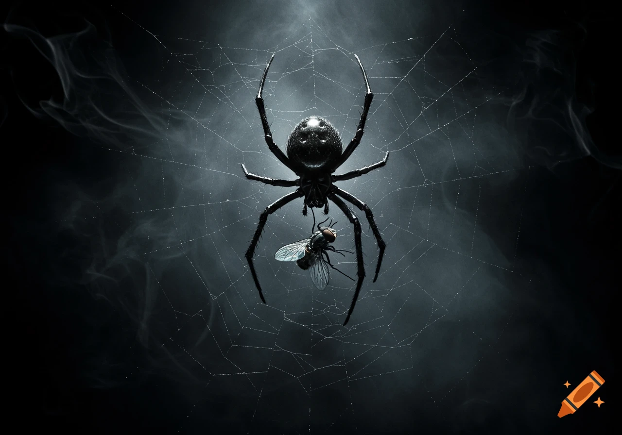 A large black spider hangs in a detailed web, holding a caught fly in a dark, misty, dramatically lit scene.